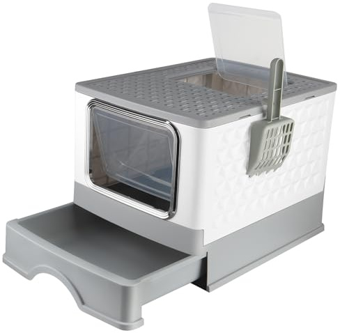 Bandeja de arena cerrada para gato, casa de baño, bandeja extraíble, pala para gato grande, capacidad de 15 kg, antihuellas, antifugas, 52 x 39 x 39 x 39 cm, color gris