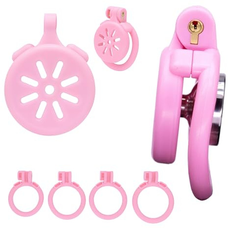 Gabbia per pene Maschio Invertito Sex Toys con 4 anelli per pene Leggera e traspirante Gabbia di castità piatta con lucchetto invisibile per uomini SM Bondage
