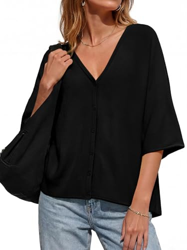 Saodimallsu Womens Oversized Cardigans Summer Batwing Half Sleeve Lightweight Knit Button V Neck Casual Sweater Tops Black