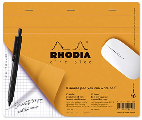 Rhodia 19410C - Mousepadblöcken Clic Bloc, 19x23 cm, 30 Blatt mikroperforiert, kariert, Clairefontaine Papier weiß 80g, Anti-Rutsch Funktion, Cover Orange, 1 Stück