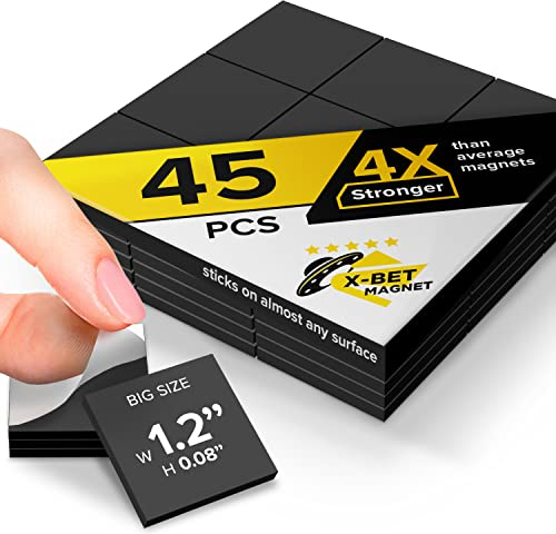 Large Magnetic Squares - 45 Self Adhesive Magnetic Squares (Each 3 cm x 3 cm) - Peel & Stick Magnetic Sheets - Flexible Sticky Magnets - Tape is Alternative to Magnetic Stickers, Strip and Roll