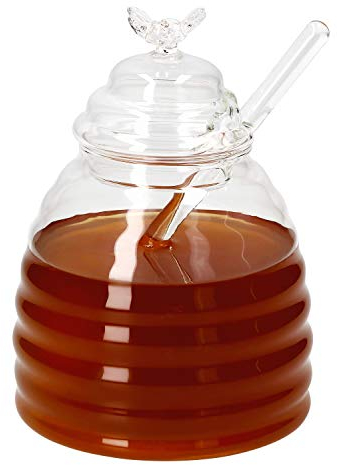 MamboCat 3 teiliges Set Honigtopf mit Honiglöffel und Deckel I Glas Töpfchen zum Servieren von Ahornsirup I Glasdeckel mit Deko Bienchen und Aussparung für Spirallöffel I Honig Glas 400ml