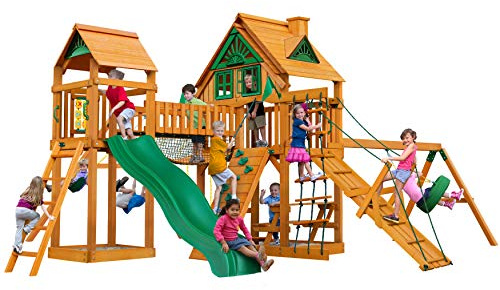 Gorilla Playsets 01-0055-AP Pioneer Peak Treehouse Wooden Swing Set with Amber Posts, Tire Swing, Slide and Tower with Clatter Bridge, Brown