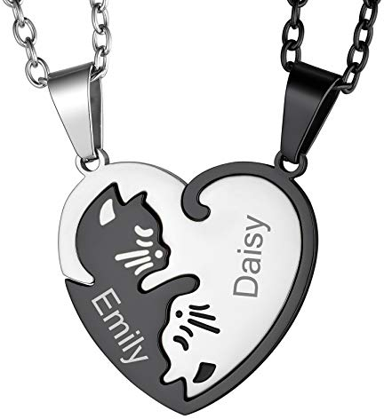 GoldChic Paare Halskette Herz Katze Partneranhänger mit kostenloser Gravur Schwarz und Silber Anhänger Partnerketten Freundschaft Familie Halskette für Paare,Familie,Freundschaft