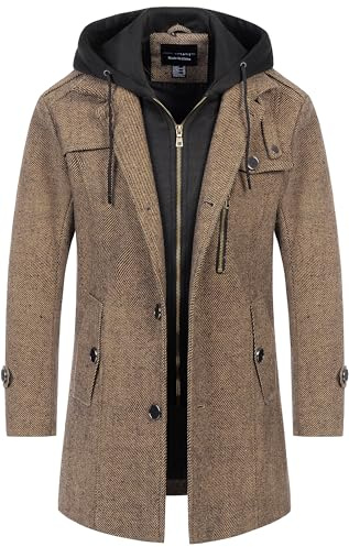 CREATMO US Men's Fall Winter Pea Coat Stylish Stand Collar Wool Trench Overcoat Warm Mens Decent Dress Coats With Hood Coffee S