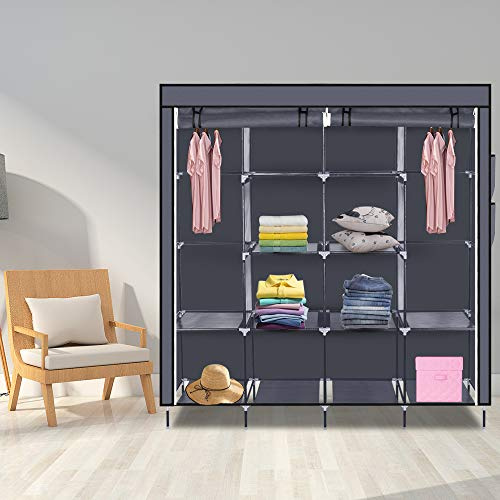 TactFire Armoire de Rangement en Tissu, Penderie avec Housse, Armoire Chambre Portable, Armoire à Vêtements, pour Chambre D'adulte avec 4 Couches 12 Compartiments, 170 x 45 x 180 cm, Gris