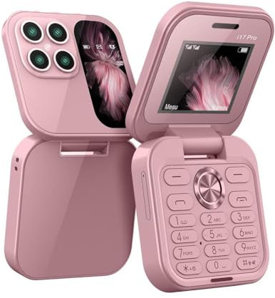 i17 PRO, Mini teléfono celular plegable con radio FM, MagicVoice, lista negra, vibración, Dual SIM, pequeña pantalla plegable, fácil de usar, regalo para el Día del Padre/Madre, etc
