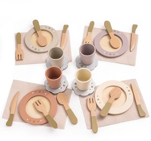 ROBUD Kinderküche Zubehör Holz Geschirr, 29 PCS Teller und Küchenutensilien Geschirrset für Rollenspiel, Kinder Spielküche Küchenzubehör, Holz Spielzeug Geschenk für Mädchen Jungen 3-8 Jahren