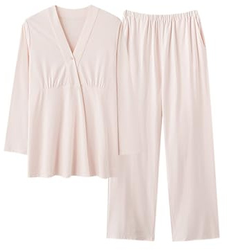 SYDUZAX Femme Ensemble de Pyjama de Maternité Costume Grossesse pour Femme Tenues d'allaitement Vêtements de Nuit Pull Manches Longues Col en V Grossesse Ensemble Pyjama Couleur Unie Grande Taille
