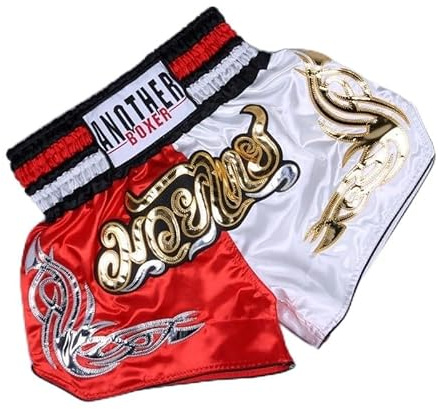 Zoegneer Pantaloncini da Muay Thai ricamati, abbigliamento da allenamento per combattimento in gabbia, Grappling, arti marziali, kickboxing (S rosso + bianco)