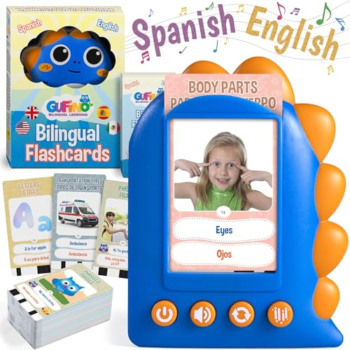 GUFINO Talking Flash Cards – 300 Spanish Flashcards for Kids for Cognitive Abilities & Boost Language Development – Learning Games, Blue Toddler Boy Gifts. See and Say Toys for Toddlers