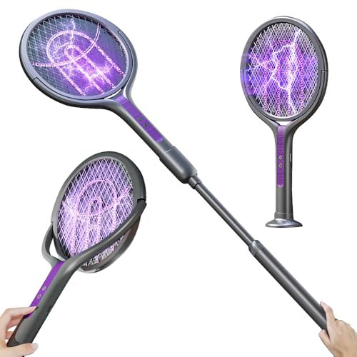 KBIBCK Electric Fly Swatter, Rotating Head Electric Fly Zapper, 2 in 1 Rechargeable ElectricFly Killer, BugZapper, Insect Zapper, FlyCatcher, FlyZapper Racket with a Telescopic Extension（79-106cm）