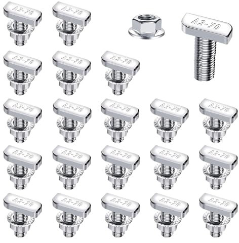 Lot de 20 vis à tête marteau M8 x 20 mm avec vis à rainure en T et écrous à bride, en acier inoxydable A2-70 pour rails de montage PV et serres, avec écrous à anneau, écrous à dents de blocage et