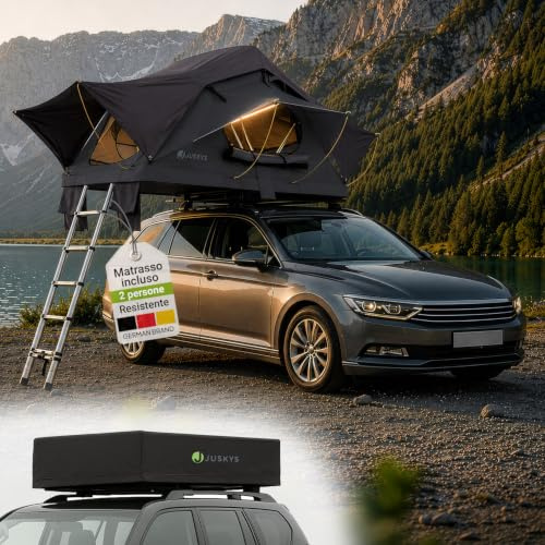 Juskys Tenda da tetto auto Lago 120 x 210 cm – Protezione UV & Impermeabile – Materasso & Illuminazione LED – Campeggio & Outdoor – Scala telescopica – Nero