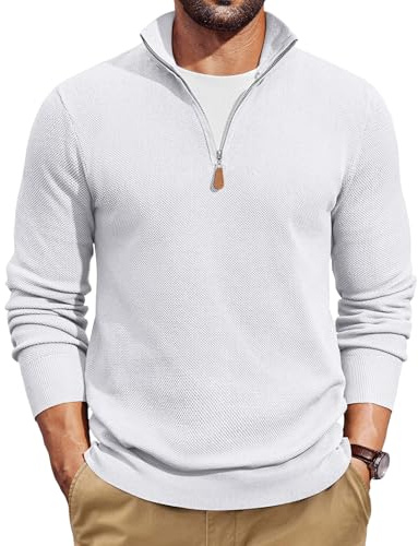 COOFANDY Suéter Hombre Jersey Invierno Cuello Alto Caliente Clásico con Cuello Cremallera Jerséis de Manga Larga Jersey de Punto Blanco XL