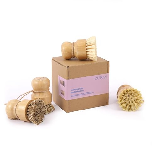 ZURAS Spülbürsten Set 4 Stück, Bambusgriff, 2xSisal- & 2xKokosborsten