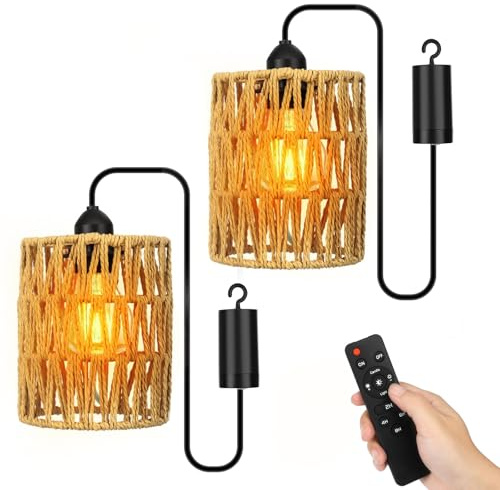 2x Rattan Hängeleuchte mit Batterie, Batteriebetrieben E27 Lampe mit Fernbedienung, IP65 Wasserdicht, Dimmbar, Timer, Pendelleuchte ohne Stromanschluss für Innen Außen Garten Balkon Camping Partys
