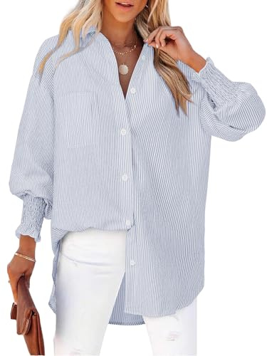 Cuptacc Camisa Mujer Manga Larga Elegante Raya Cuello V Blusas con Botones Transpirable Cómoda Top Puños Plisados Camisas Rayas Azul Oscuro XL