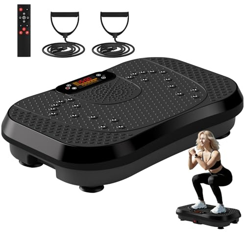 SoftGym Vibration Plate Exercise Machine for Lymphatic Drainage,Power Vibrate Stand Shake Board 450 Lbs Capacity Whole Body Workout Waver with Resistance Bands Weight Loss Gift for Women Men-Black