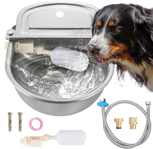 AMGSH Automatic Animal Drinking Water Bowl, 304 Stainless Steel Waterer with Float Valves, 39 Pipe Hose (1/2 Ends), 1/2 to 3/4 Adapter, Livestock Water Trough Dispenser for Dog Horse Goat Pig Cow