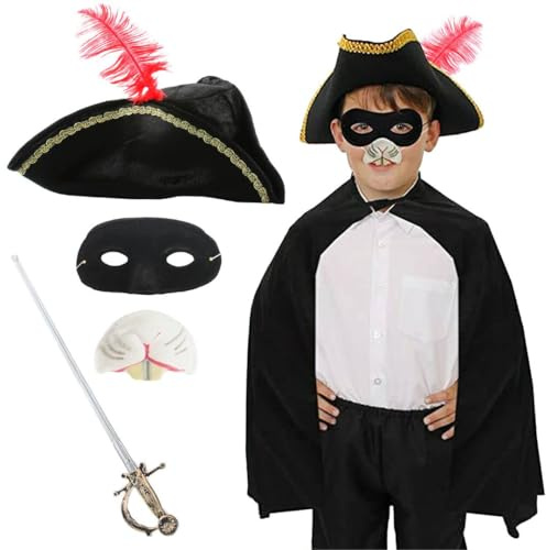 Kids Highwayman Rodent Costume Set - Black Bandit Cape, Tricorn Hat with Red Feather, Rat Nose, Eyemask and Plastic Sword - Complete Storybook Character Fancy Dress for World Book Day and Halloween