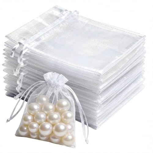 50PCS White Transparent Mesh Organza Bags. 7x9CM Drawstring Jewelry Bags, Candy, Gift Bags, Perfect for Gift Wrapping, Festive Occasions Birthday and Parties