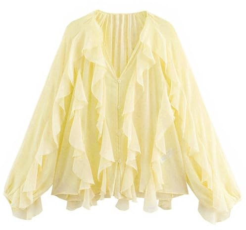 volangblus för kvinnor sommar chic damer eleganta lösa långärmade lagerskjortor kontor dam vintage V-ringad genomskinliga stegsblusar med volanger för att jämföra, GUL, L