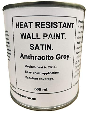 1 x 500ml Satin Anthracite/Dark Grey Heat Resistant Wall Paint. Wood Burner Stove Alcove. Brick, concrete, plaster, cement board, rendering, metal, timber etc.