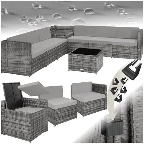 tectake® Conjunto Jardín de Ratán, Muebles Jardín Exterior 6 Sillones, 1 Mesa con Cristal, 1 Baúl Almacenamiento, Conjunto Terraza Resistente a la Intemperie, con Cojines, Estructura en Acero - Gris