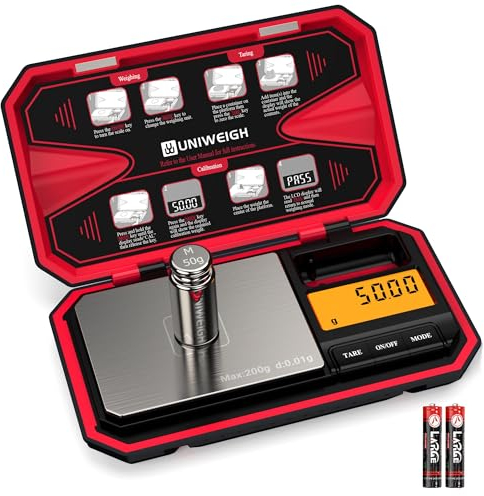 UNIWEIGH Digitale Taschenwaage 200g/0,01g Feinwaage, Digitale Waage, Tragbare Mini-waage, Schmuckwaage, Küchenwaagen, Münzwaage,Goldwaage, Grammwaage Scale mit 50g Kalibriergewicht-ROT