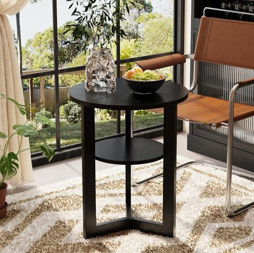 MODERION Small Round End Table with Storage Shelf, Circular Solid Wood Sofa Side Metal Leg, 2-Tier Telephone Table, Nightstand, 24''H x 19.3''D for Living Room Bedroom Entryway Brushed Black BZ1338BK