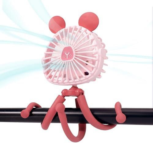 Ventilador de Cochecito con Orejas de Ratón, Ventilador Bebe con Trípode Flexible con luz LED, Ventilador USB Portátil, 360° Giratorio, Pilas Recargables, para Asiento de Coche Cuna Camping Oficina