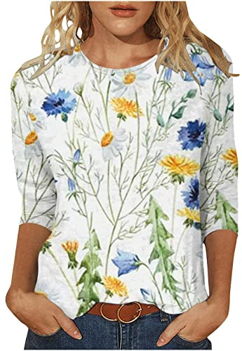 TURWXGSO Tops for Women UK Blouses for Women Round Neck 3/4 Sleeve Summer Vacation T Shirts Flower Printing Plus Size Blouses Pullover Leisure Tee Shirt Tops Basic Sakter Pajamas