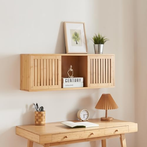 [en.casa] Wandregal Grums Hängeregal mit 2 Schiebetüren Bücherregal schwebendes Regal aus Bambus 92,5x20x33cm für Wohnzimmer, Küche, Bad
