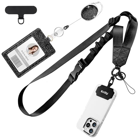 Azrra Adjustable Crossbody Cell Phone Lanyard for iPhone with Phone Tethers & Retractable ID Badge Card Holder (Bling Black)