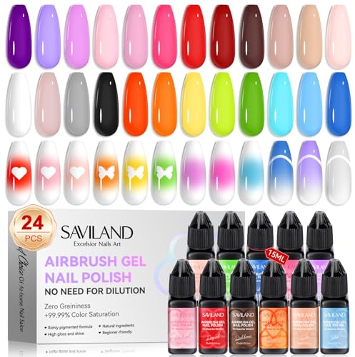 Saviland 24 Farben Airbrush Gel Nagellack: Verwendung mit Airbrush für Farbverläufe,Rouge Nägel, geschichtete Nagelkunst ohne Verdünnung, Airbrush Farbset für Zuhause, Heimwerker, Salon und Party