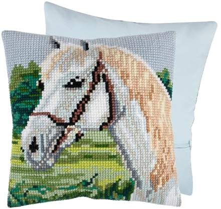 Trimits Korsstygnskudde-kit, kudde rygg ingår, förtryckt duk, garn och nål ingår 40 x 40 cm (15,75 x 15,75 tum), häst vit
