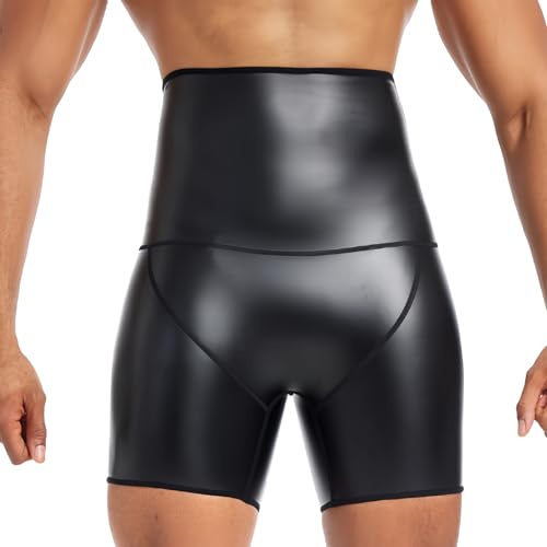 SEAUR Men's Short Leather PU Leather Wetlook Belly Sport Underwear Functional Underwear Bags Belly Control, Black, L