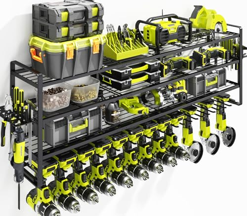 KAFAHOM Large Power Tool Organiser Wall Mount-13 Drill Holder for Garage,4 Layer Power Tool Rack,Tool Organiser and Storage with 2 New Accessories, Gifts Idea for Men Dad Husband