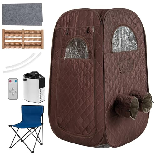 RELAX4LIFE Portable Steam Sauna, Folding Personal Full Body Home Sauna Tent with 1000W 3L Steam Generator, Remote Control, Foot Massager & Foldable Chair, Slimming Detox Therapy Pop-up Cabin (Coffee)