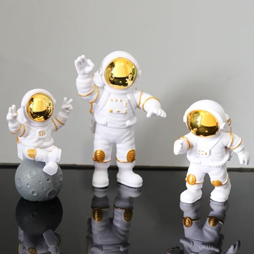 Oooct 3 Pcs Astronaut Statue Decor, Resin Gold Spaceman Figurine Decorations, Cute Mini Space Figure Ornament, Abstract Aesthetic Decorative Sculpture for Home Office Desk Shelf Tabletop