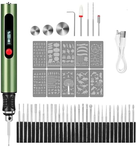 Kit Complet de Gravure Électrique – Le outil de gravure portable, livré avec 30 têtes de gravure et 10 gabarits, adapté aux créations DIY sur métal, bois et verre