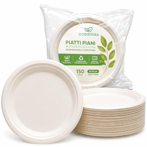 ecodrinks 150 Piatti di Carta Piani - Diametro 23 cm, Compostabili, Usa e Getta - Cellulosa Naturale Biodegradabile, Adatti al Microonde - Design Neutro Adatto ad Ogni Occasione