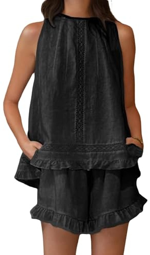 FeMereina Womens Ruffle Short Set 2 Piece Outfits Fashion Summer Sleeveless Lace Trim Top and Shorts Cotton Pajama Sets (Black, M)