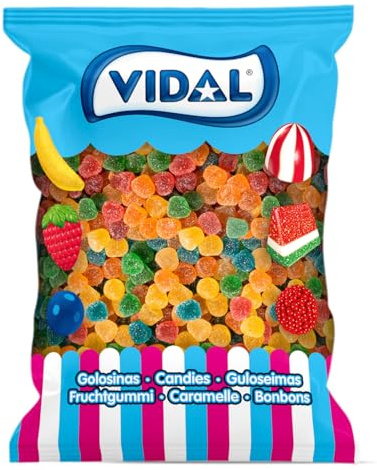 Vidal Golosinas. Gomitas Azúcar. Caramelos de goma con cobertura de azúcar y delicioso sabor a frutas variadas como:limón,plátano,naranja,manzana,fresa y frambuesa.Sin gluten ni grasa.Bolsa1 kg