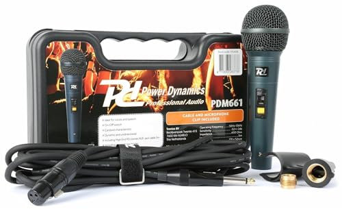 Power Dynamics PDM661 Microfono Dinamico Cardioide Unidireccional, Incluye Cable de 5m con Conectores XLR a Jack, Filtro Anti-Pop Interno y Maletín de Transporte Rígido, para Uso Vocal, Color Negro