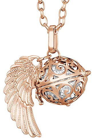 Morella Halskette Damen roségold Edelstahl 70 cm mit roségoldenem Anhänger Engelsflügel und Klangkugel Zirkonia weiß Ø 16 mm in Schmuckbeutel