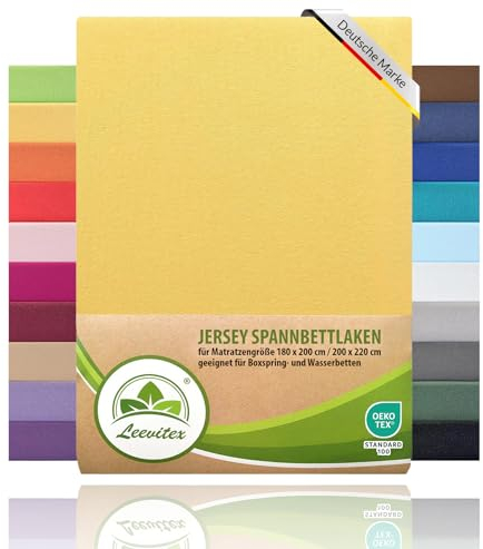 Boxspringbett & Wasserbett Spannbettlaken von leevitex® | Spannbetttuch | ÖKO-TEX | 180x200 – 200x220 cm | 100% Jersey-Baumwolle | 150 g/m² | 40 cm Steg | Gelb/Mais