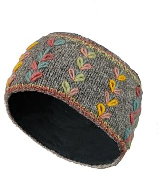Women Wool Ear Warmer Headband Fleece Lined Handknitted Flower Embroidered Grey One-Size Handmade Pachamama Fair Trade