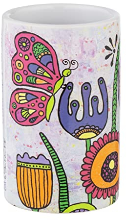 WENKO Gobelet de brosse à dents Rollin'Art Full Bloom, porte-brosse à dents en céramique de qualité imprimée avec motif champ de fleurs coloré, gobelet pour rangement salle de bain, Ø 6,5 x 11 cm